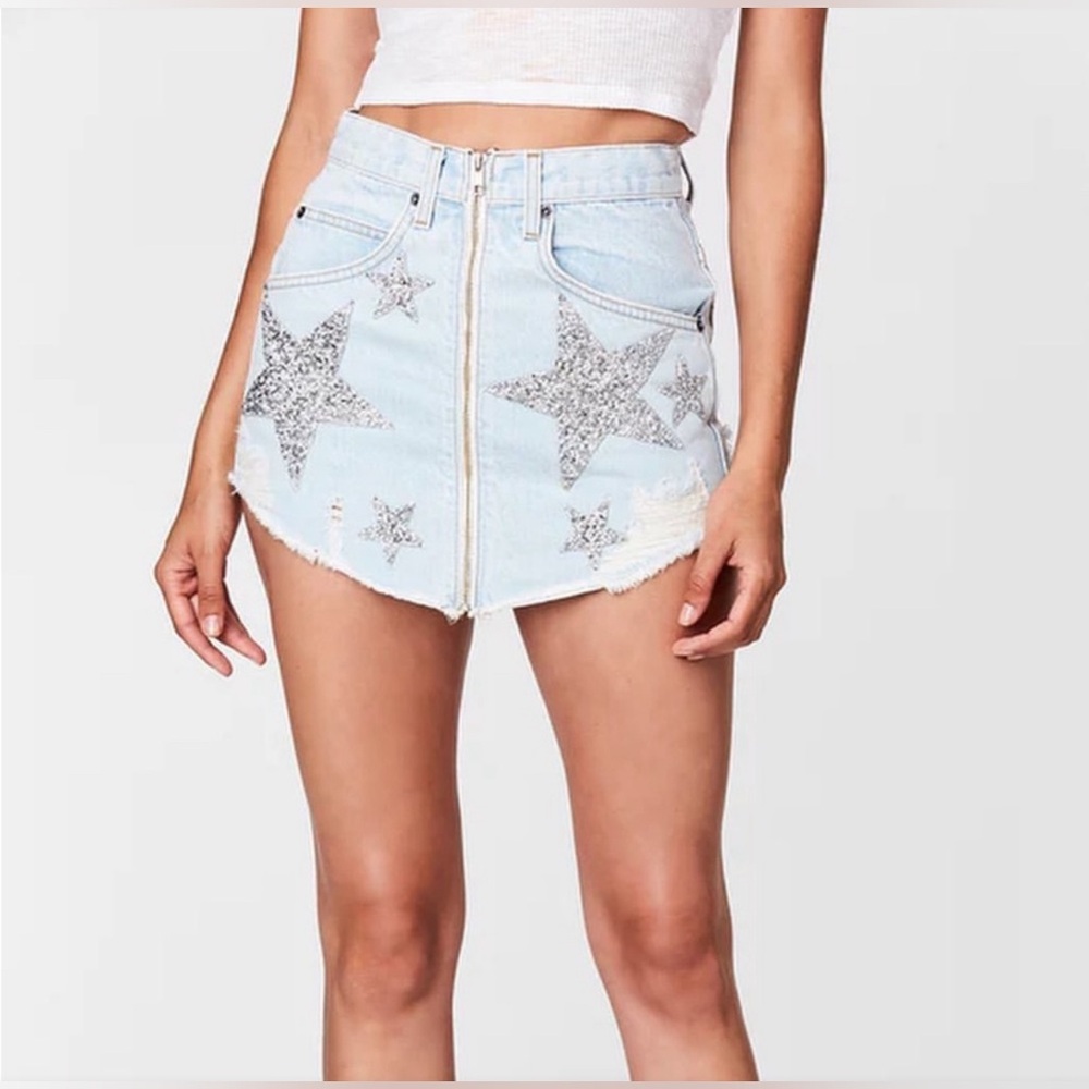 NWT Authentic CARMAR BEATRICE Denim Embellished Stars Distressed Zip Mini Skirt